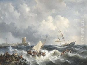 Schiffbruch Auf Sturmischer See Vor Der Kuste. Am Ufer Zahlreiche Personen Schiffbruch Auf Sturmischer See Vor Der Kuste. Am Ufer Zahlreiche Personen