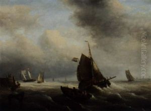Sailing Vessels And Rowing Boats Near The Coast by George Willem Opdenhoff