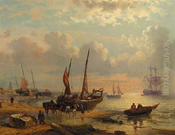 A Coastal Scene With Sailing Vessels And Fishermen At Work On A Beach - view 1