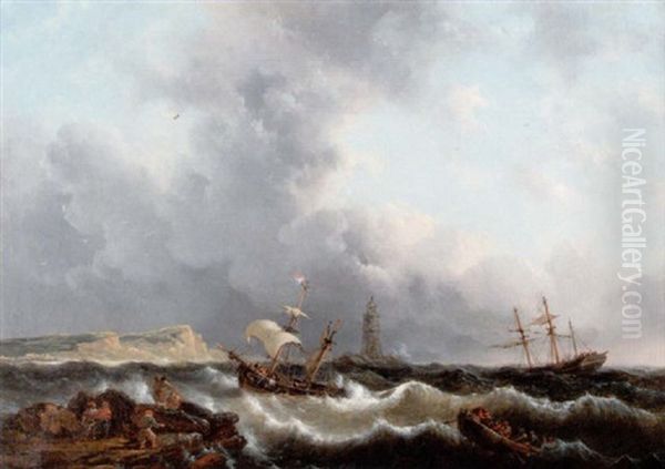 Stormigt Kustlandskap Med Fyr Och Skepp - view 1