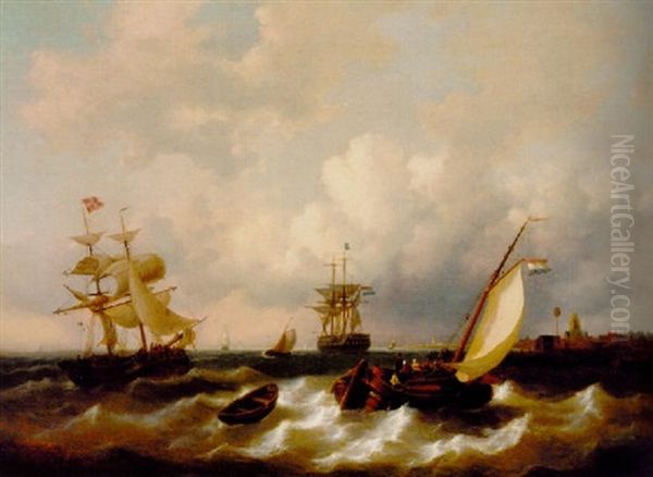 A Dutch Frigate Amidst Other Shipping Off The Coast - view 1
