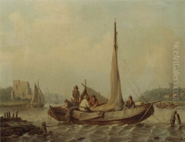 Sailors In Moored Barges On A River Estuary - view 1