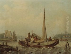 Sailors In Moored Barges On A River Estuary by George Willem Opdenhoff