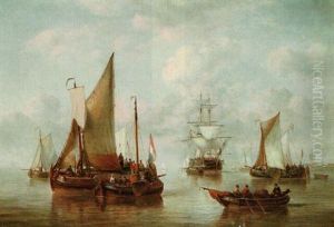 Ships Nearing The Coastline by George Willem Opdenhoff