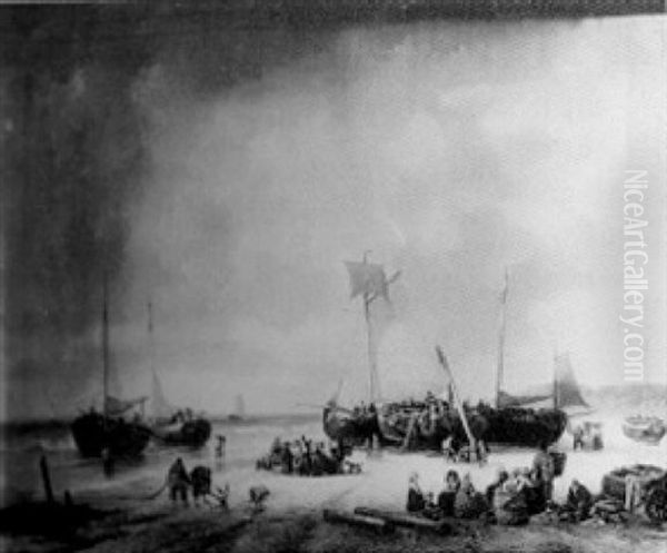 A Coastal Scene With Fisherfolk And Beached Boats - view 1
