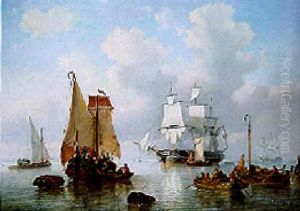 A Three-master At Anchor And Other Shipping In An Estuary by George Willem Opdenhoff