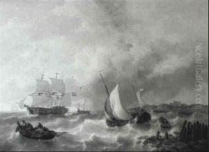 A Smalschip Tacking The Coast In A Stiff Breeze by George Willem Opdenhoff