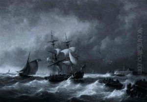 Schiffe In Kustennahe Auf Ruhiger See Sturm An Der Kuste by George Willem Opdenhoff