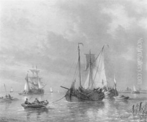 A View Of A Riverestuary With Sailors In A Rowing-boat Approaching Fishing-smacks At Anchor, Other Shipping Beyond by George Willem Opdenhoff