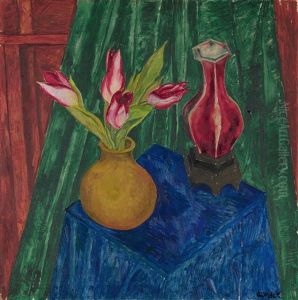 Tulpen-stillleben Mit Gelber Und Roter Vase