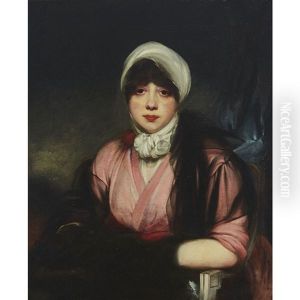 Miss Cooper (full Face, Dark Hair With White Headdress Seated Three-quarter Length In A Chair Wearing A Pink Dress With Black Veil Draped Over Her Left Shoulder And Right Arm, A Landscape Beyond With A Blue Curtain At Right)