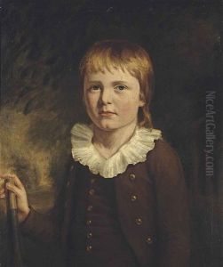 Portrait Of A Young Boy, Three-quarter-length, In A Brown Coat With A White Collar, His Right Hand On A Cricket Bat, In A Landscape by John Opie
