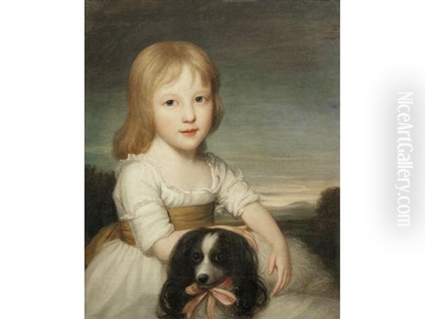 Portrait Of Jane Sarah Susannah Westcott (1790-1834) Aged Three, In A White Dress Seated In A Landscape With Her Pet Spaniel - view 1
