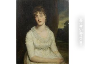 Portrait Of Lady Dickson, Half-length, In A White Dress Seated Before A Landscape