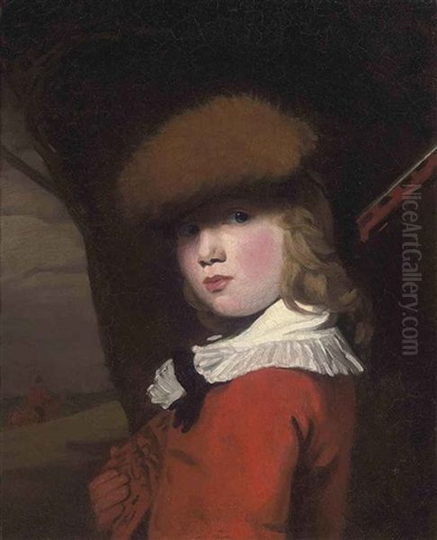 Portrait Of A Boy In A Red Coat With A White Collar And A Fur Hat, Holding A Gun, In A Landscape - view 1