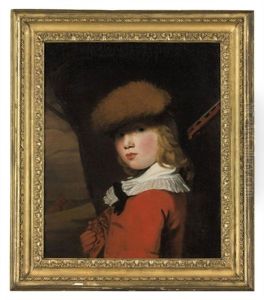Portrait Of A Boy In A Red Coat With A White Collar And A Fur Hat, Holding A Gun, In A Landscape