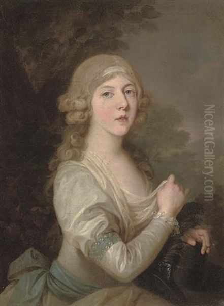 Portrait Of A Lady In A White Dress With Blue Trim And A Blue Sash, In A Landscape - view 1