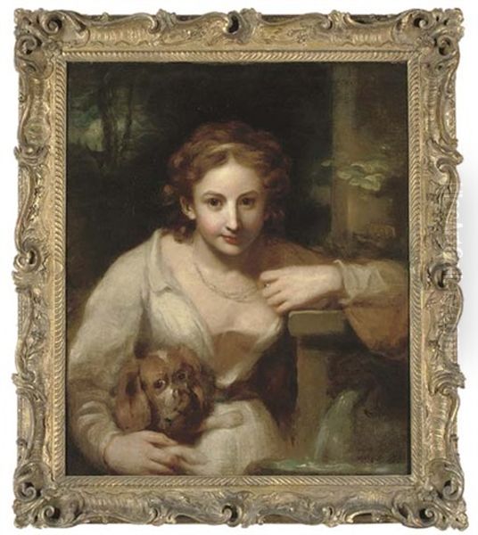 Portrait Of A Lady Traditionally Identified As Miss Fordyce, Half-length, In A White Dress, By A Fountain, Holding A King Charles Spaniel, In A Landscape - view 1
