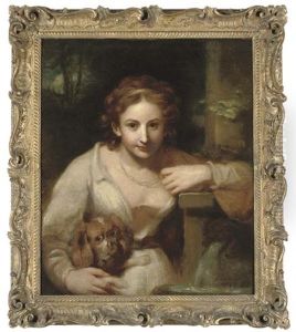 Portrait Of A Lady Traditionally Identified As Miss Fordyce, Half-length, In A White Dress, By A Fountain, Holding A King Charles Spaniel, In A Landscape
