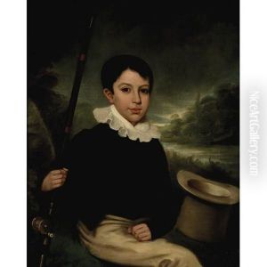 A Portrait Of A Young Boy With A Fishing Rod And A River Beyond