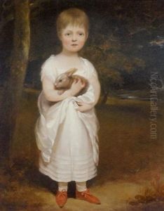 Portrait Of Ann Campen, Of Bristol, Holding A Rabbit, In A White Dress And Red Shoes, In A Wooded Landscape by John Opie