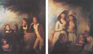 A Group Portrait Of Boys With A Young Girl Against A Rocky Outcrop, One Holding A Book, The Other A Bow by John Opie