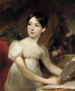 Portrait Of A Young Lady In A White Dress Holding A Letter Before A Curtain, A Landscape Beyond
