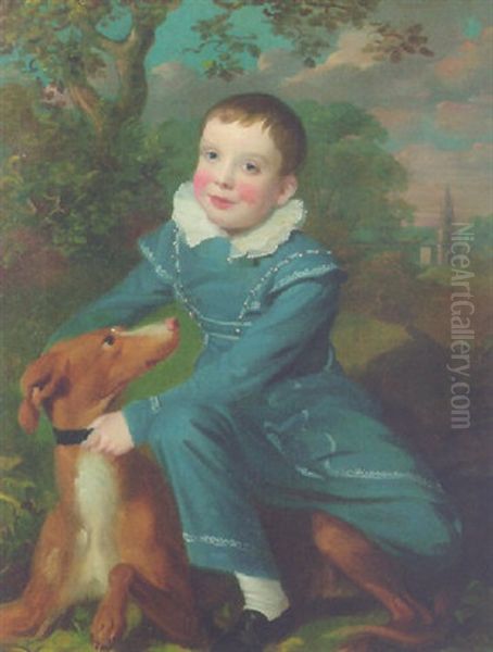 Portrait Of A Boy In A Blue Suit, A Dog Beside Him, In A Wooded Landscape, A Classical Church Beyond - view 1