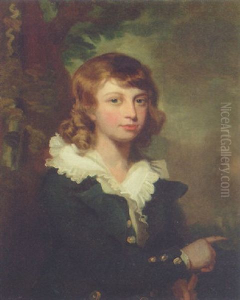 Portrait Of A Young Boy In A Blue Coat And White Shirt, In A Landscape - view 1
