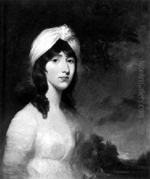 Portrait Of A Lady Wearing A White Gown With Brown Gauze Shawl And A White Turban, Seated Before A Landscape - view 1