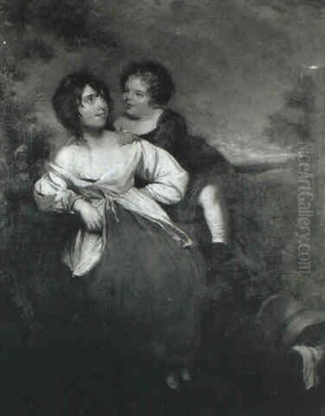 Young Girl And A Child Beside A Wall In A Landscape - view 1