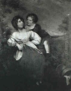 Young Girl And A Child Beside A Wall In A Landscape