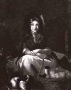 Girl Seated In A Landscape With A Dog And Basket Of Fruit