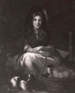 Girl Seated In A Landscape With A Dog And Basket Of Fruit