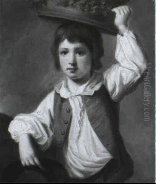 Portrait Of A Young Boy Carrying A Basket And Holding A Hat In His Right Hand - view 1