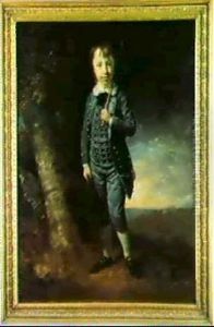 Portrait Of A Boy, Standing Full Length, Wearing A Grey     Suit With Silver Buttons And Holding A Bamboo Cane