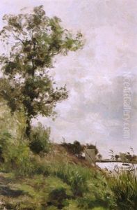 Rivieroever Met Zeilschepen Op Het Water by Willem Johannes Oppenoorth