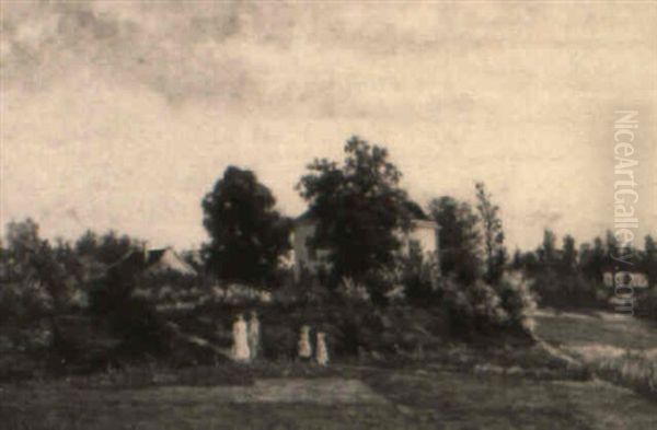 An Elegant Family Strolling In A Garden Near A Country House - view 1
