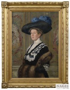 Bildnis Einer Eleganten Dame Mit Breitem Hut Und Pelzmuff Als Halbfigur Im Saloninterieur