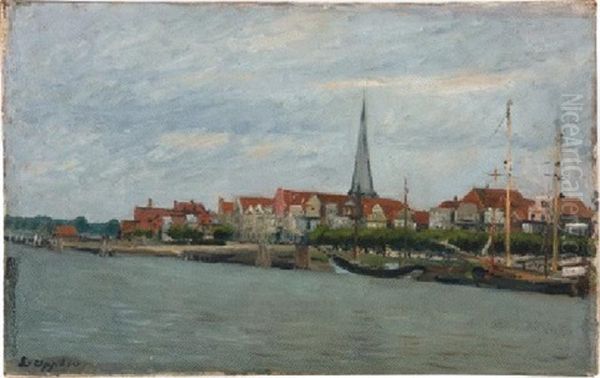 Niederlandische Stadtansicht Mit Flus Und Booten - view 1