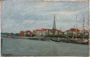 Niederlandische Stadtansicht Mit Flus Und Booten by Ernst Oppler