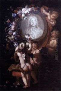 Portrait D'homme En Medallion Entoure A Guirlandes De Fleurs Et De Putti by Kaspard Jacob Opstal the Elder
