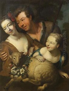 A Huntsman And His Family With A Sheep And A Garland Of Flowers