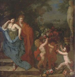 An Italianate Garden With Cherubs Offering Flowers To An Amorous Couple, A Classical Palace Beyond by Kaspard Jacob Opstal the Elder