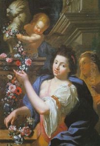 Jeunes Femmes Decorant Un Buste D'une Guirlande De Fleurs by Kaspard Jacob Opstal the Elder