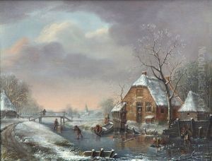 A Dutch Winter Scene With Skaters And Farmers On A Frozen Ditch by Andreas Johannes van Opstal