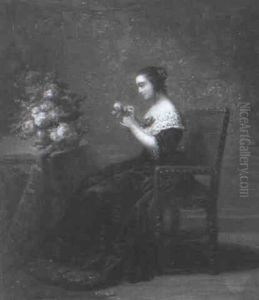 Junge Frau Mit Rosenstrauss In Interieur Junge Frau Mit Rosenstrauss In Interieur