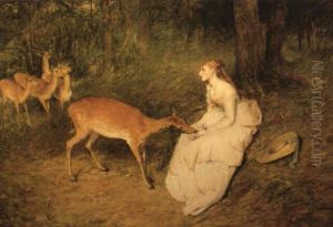 Young Woman In The Woods Feeding A Doe With Other Deer Beyond by Sir William Quiller Orchardson