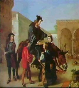 Fra Piazza Signoria, Firenze, Den Gamle Laermester (leonardo) Betragter Elevernes Tegninger Fra Piazza Signoria, Firenze, Den Gamle Laermester (leonardo) Betragter Elevernes Tegninger
