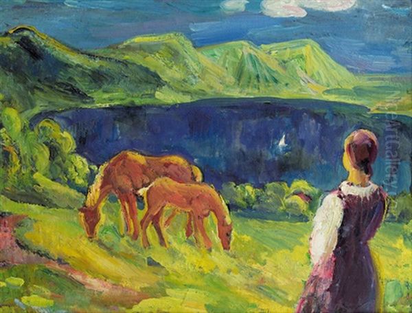 Landschaft Mit Weidenden Pferden - view 1